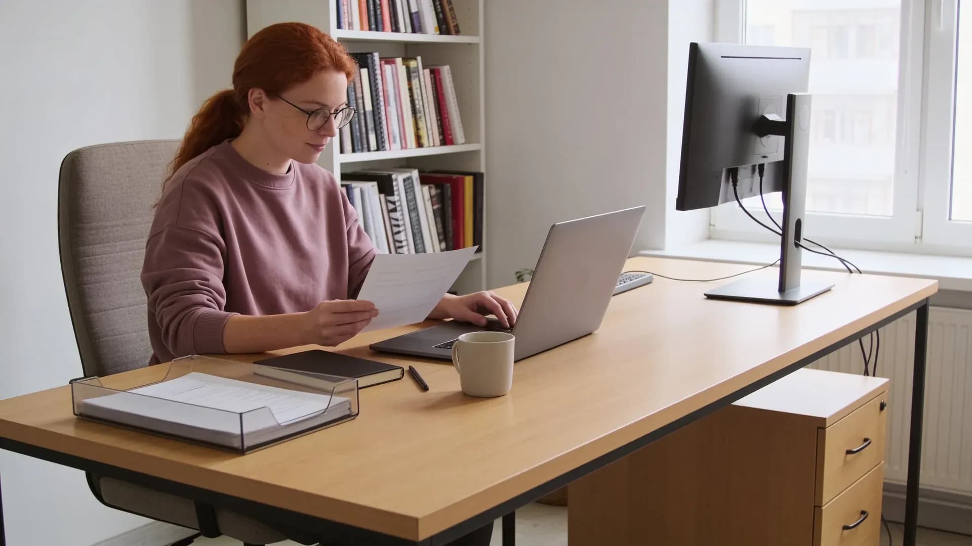 Self-employed woman creating an invoice on her computer with the help of AI.