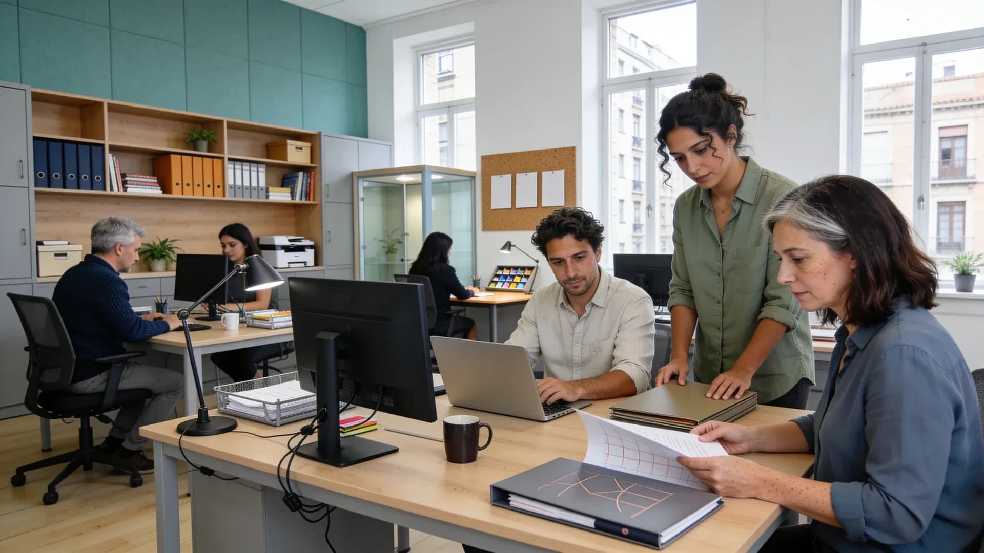 An SME team working in an office, reviewing documents and collaborating at a laptop.