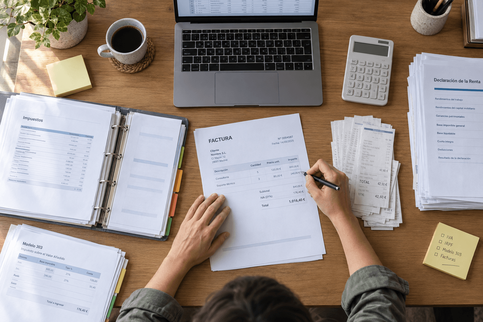 Self-employed woman sorting invoices and calculating taxes